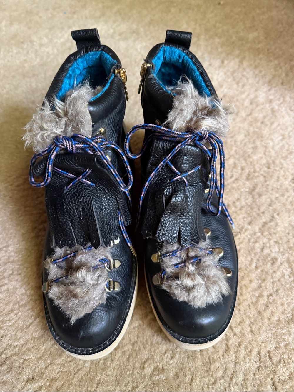 Irregular Choice Big Mama Black Leather Fur-Trim Hiking Booties size 9